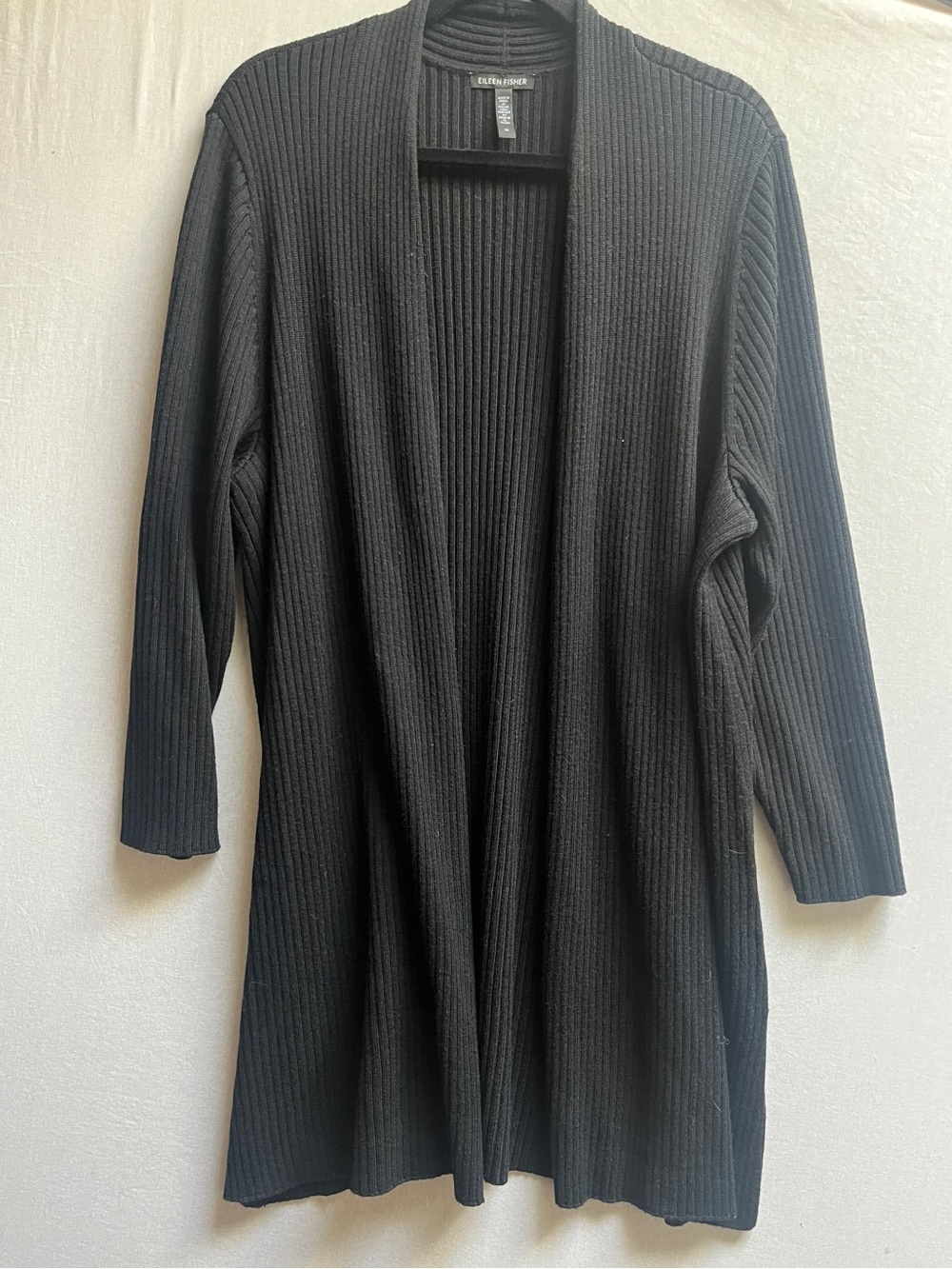 Eileen Fisher Merino Wool Ribbed Long Open Cardigan Black 2X